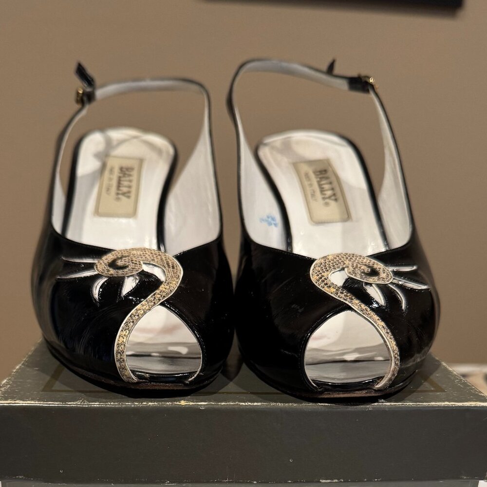Bally Elita Black Patent Leather w/Lizard Shoe, Size 9.5